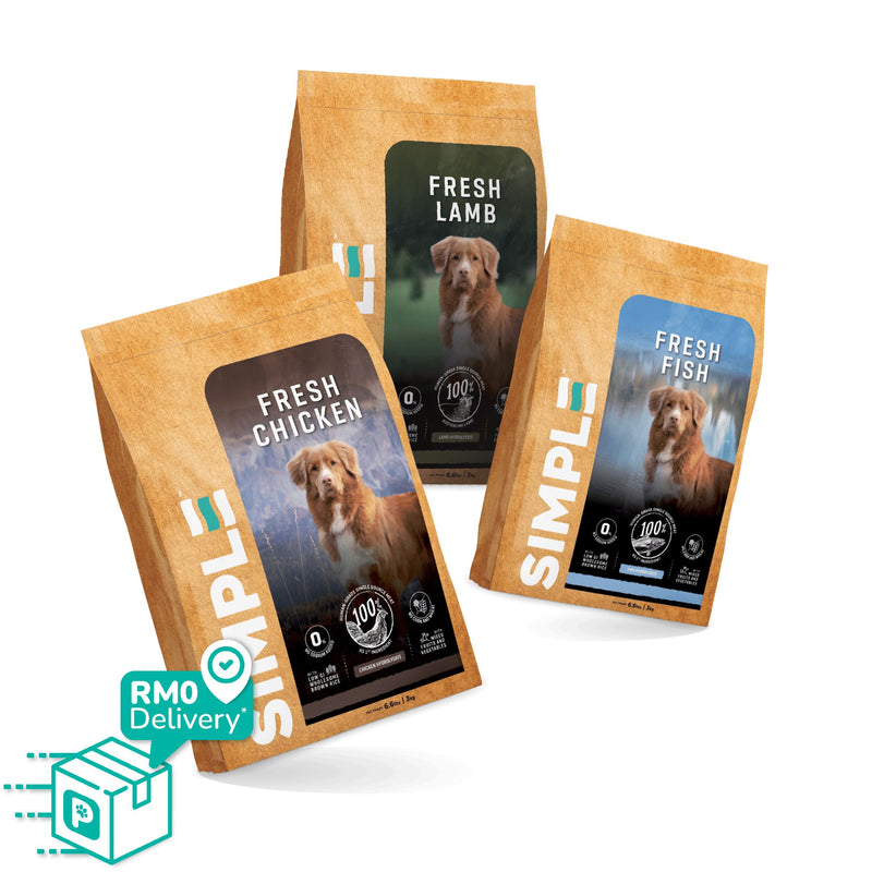 SIMPLE 3kg Monoprotein Nutrient-Rich Added Salmon Oil Fresh Human-Grade Premium Dog Dry Food (Fish/Lamb/Chicken)