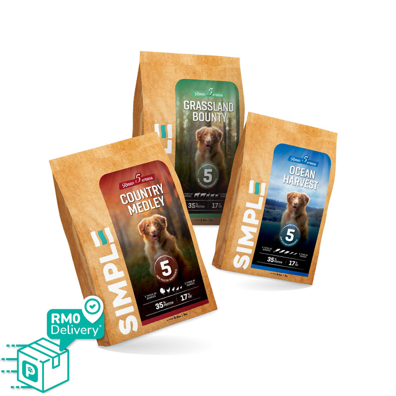 SIMPLE 3kg High Protein Raw 5 Premium Dog Dry Food with 5 Type Meat [Added Prebiotics] 3 Flavours